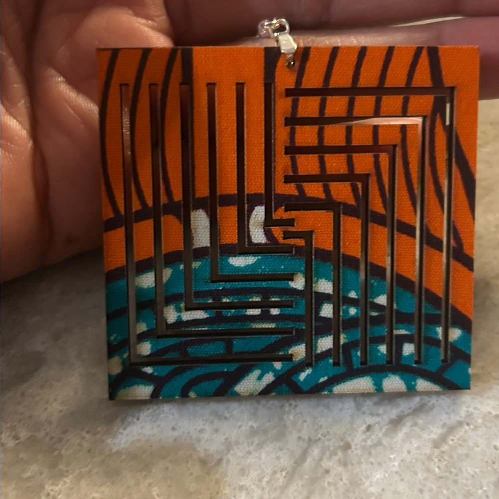 Wooden Earrings Large Orange Green Brown Tree of Life Approx 2.5in Square. OOAK